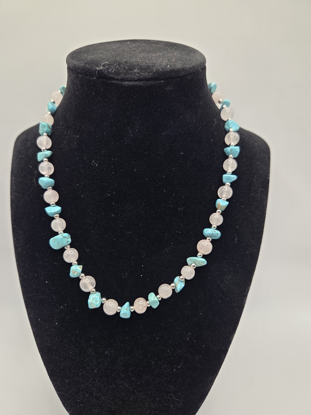 1737. Artisan Turquoise and Rose Quartz Bead Necklace